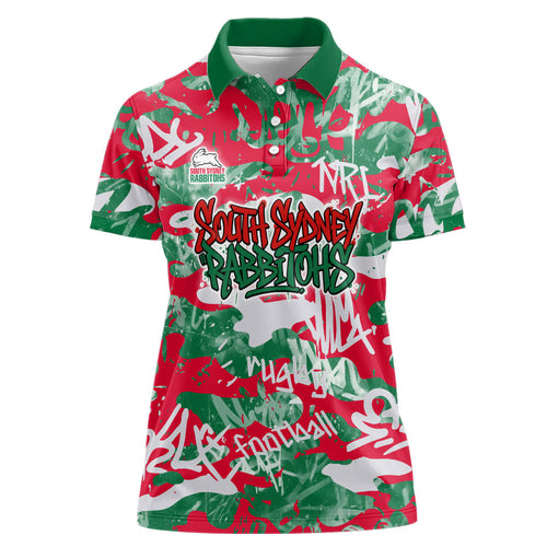 South Sydney Rabbitohs Rugby Women Polo Shirt Graffiti Typography Urban Camo Abstract Street Style