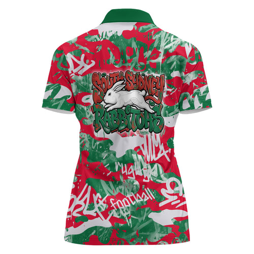 South Sydney Rabbitohs Rugby Women Polo Shirt Graffiti Typography Urban Camo Abstract Street Style