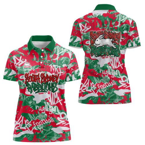 South Sydney Rabbitohs Rugby Women Polo Shirt Graffiti Typography Urban Camo Abstract Street Style
