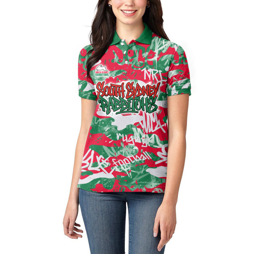South Sydney Rabbitohs Rugby Women Polo Shirt Graffiti Typography Urban Camo Abstract Street Style