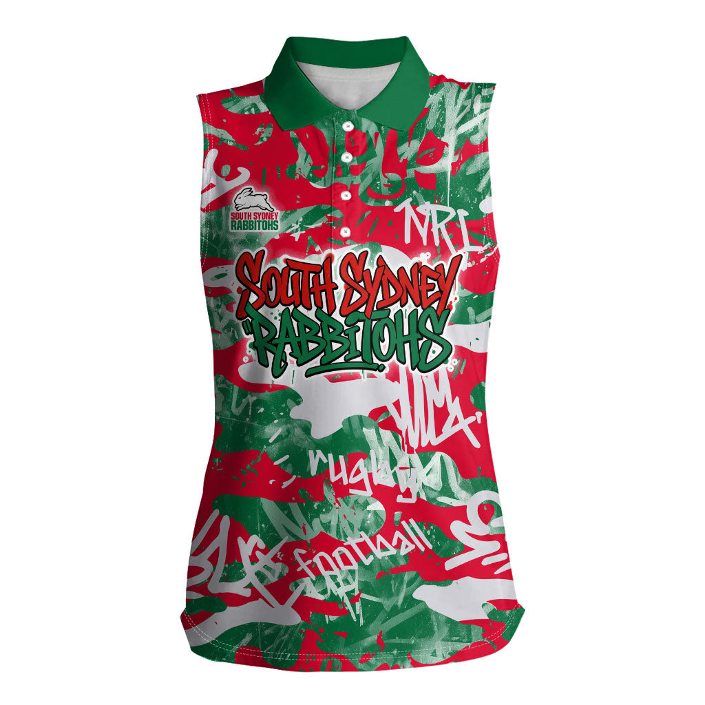 South Sydney Rabbitohs Rugby Women Sleeveless Polo Shirt Graffiti Typography Urban Camo Abstract Street Style
