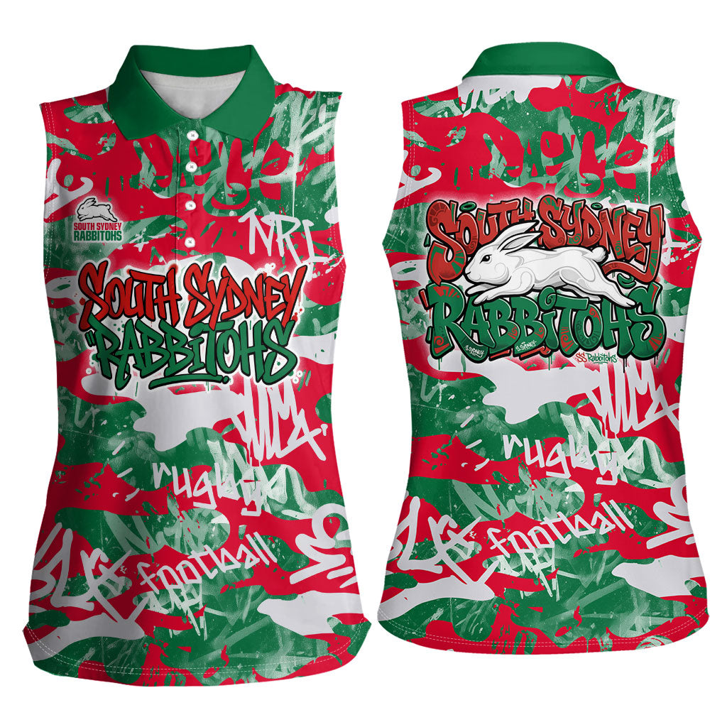 South Sydney Rabbitohs Rugby Women Sleeveless Polo Shirt Graffiti Typography Urban Camo Abstract Street Style
