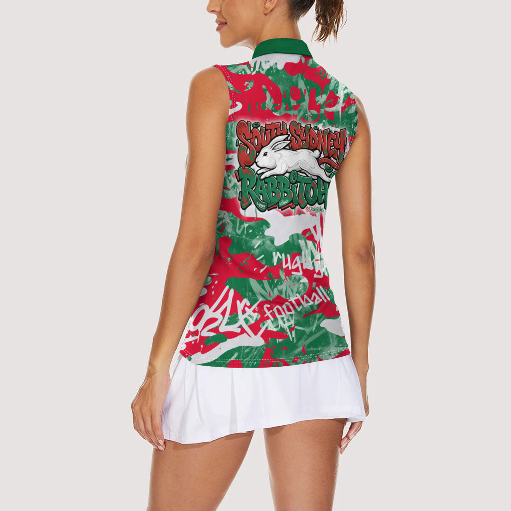 South Sydney Rabbitohs Rugby Women Sleeveless Polo Shirt Graffiti Typography Urban Camo Abstract Street Style