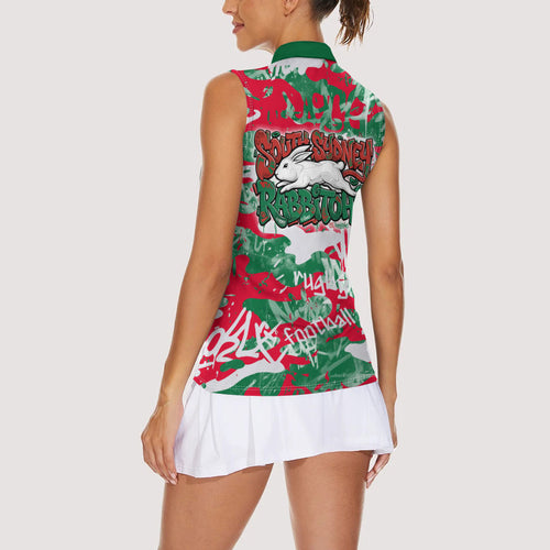 South Sydney Rabbitohs Rugby Women Sleeveless Polo Shirt Graffiti Typography Urban Camo Abstract Street Style