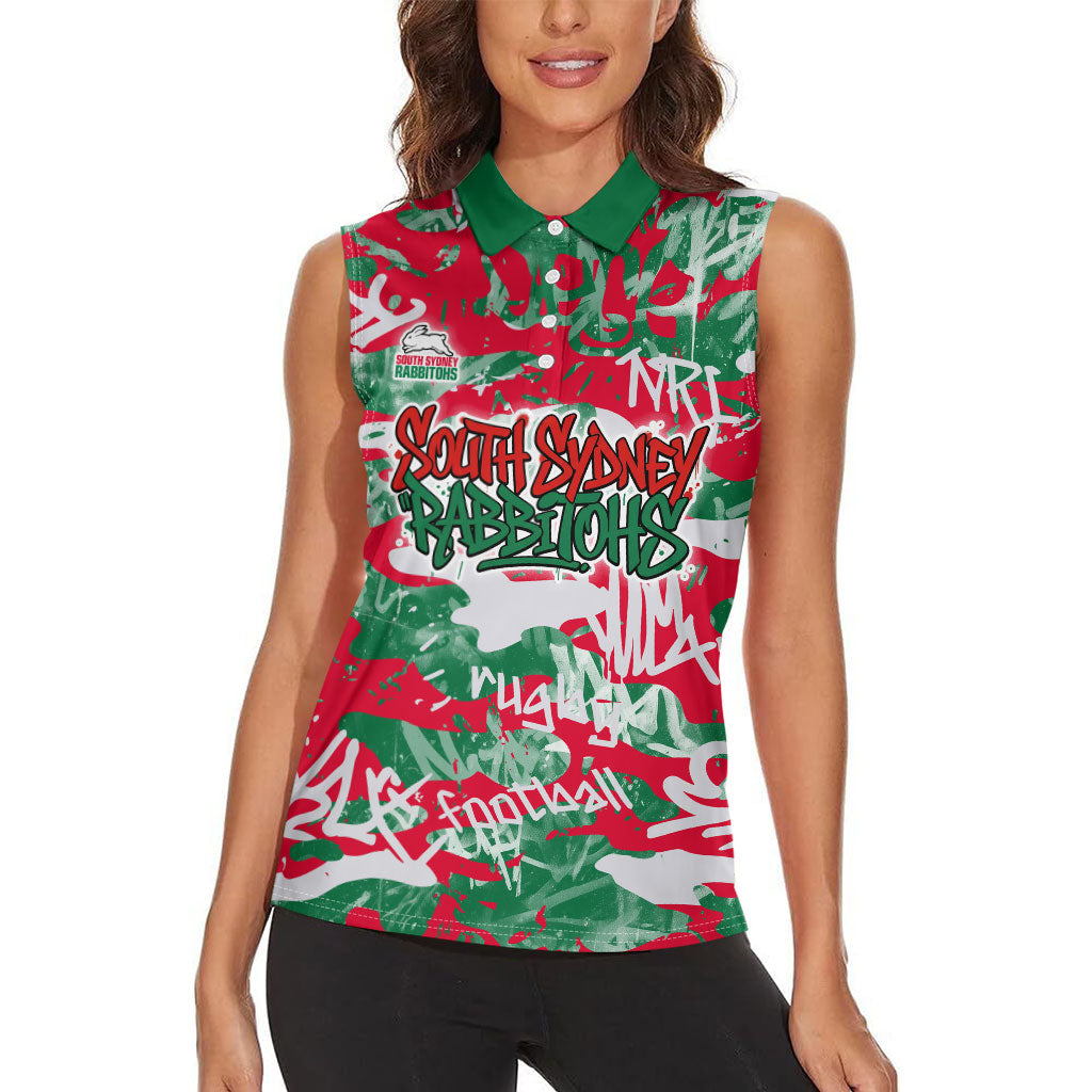 South Sydney Rabbitohs Rugby Women Sleeveless Polo Shirt Graffiti Typography Urban Camo Abstract Street Style