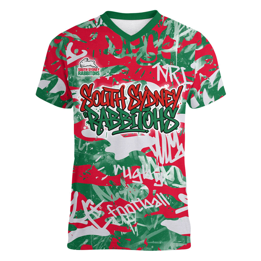 South Sydney Rabbitohs Rugby Women V-Neck T-Shirt Graffiti Typography Urban Camo Abstract Street Style