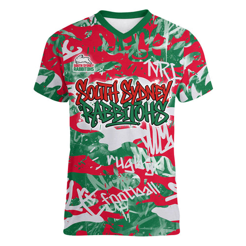 South Sydney Rabbitohs Rugby Women V-Neck T-Shirt Graffiti Typography Urban Camo Abstract Street Style
