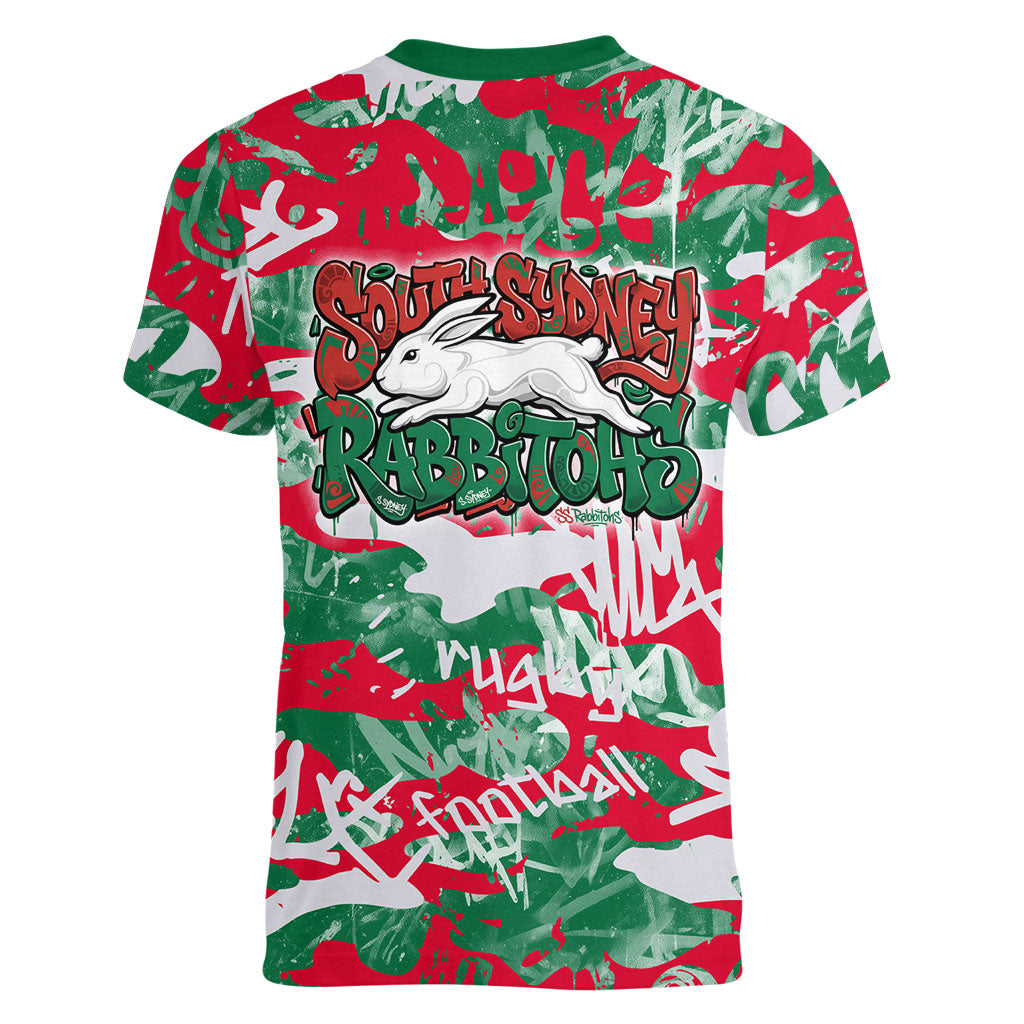 South Sydney Rabbitohs Rugby Women V-Neck T-Shirt Graffiti Typography Urban Camo Abstract Street Style