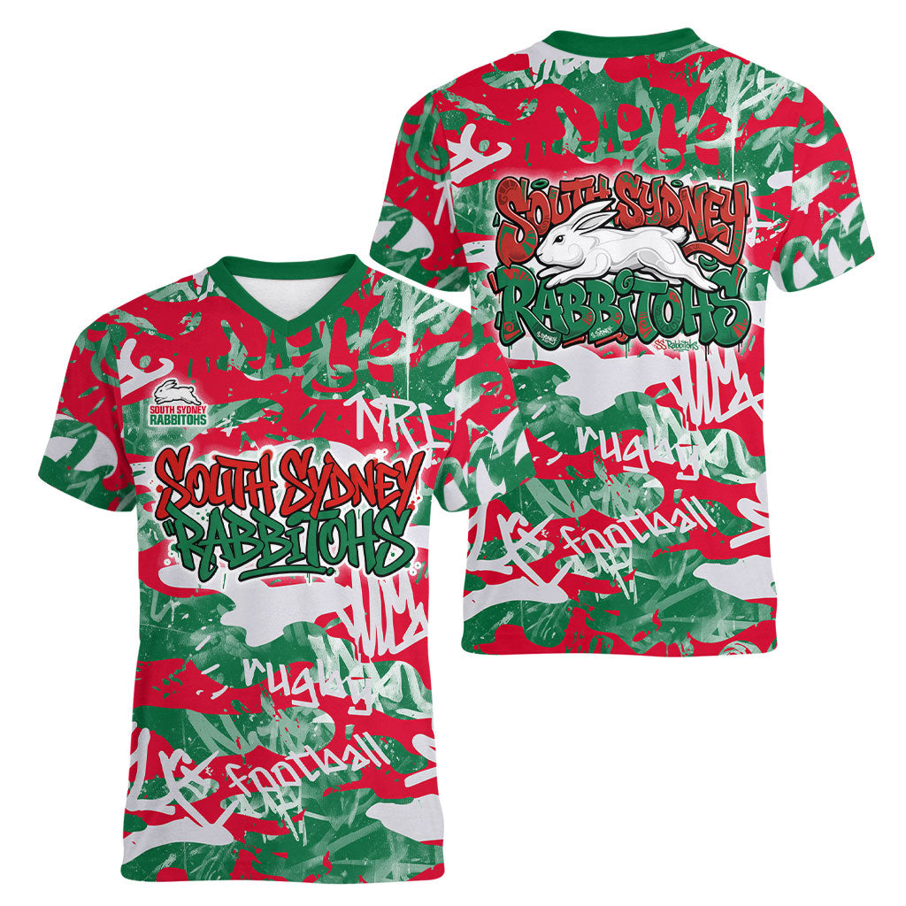 South Sydney Rabbitohs Rugby Women V-Neck T-Shirt Graffiti Typography Urban Camo Abstract Street Style
