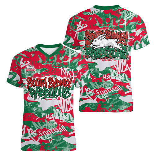 South Sydney Rabbitohs Rugby Women V-Neck T-Shirt Graffiti Typography Urban Camo Abstract Street Style