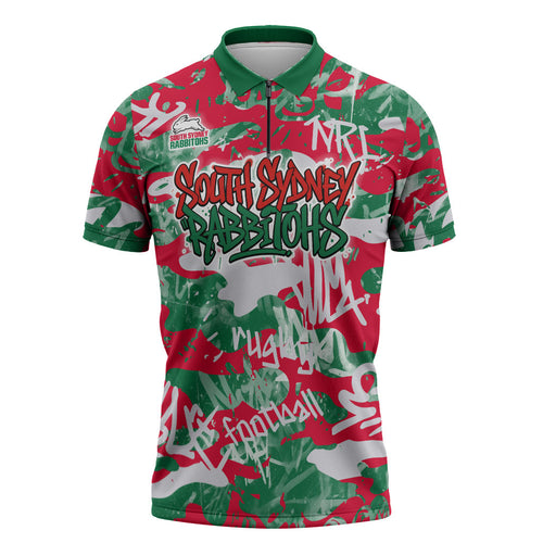 South Sydney Rabbitohs Rugby Zipper Polo Shirt Graffiti Typography Urban Camo Abstract Street Style