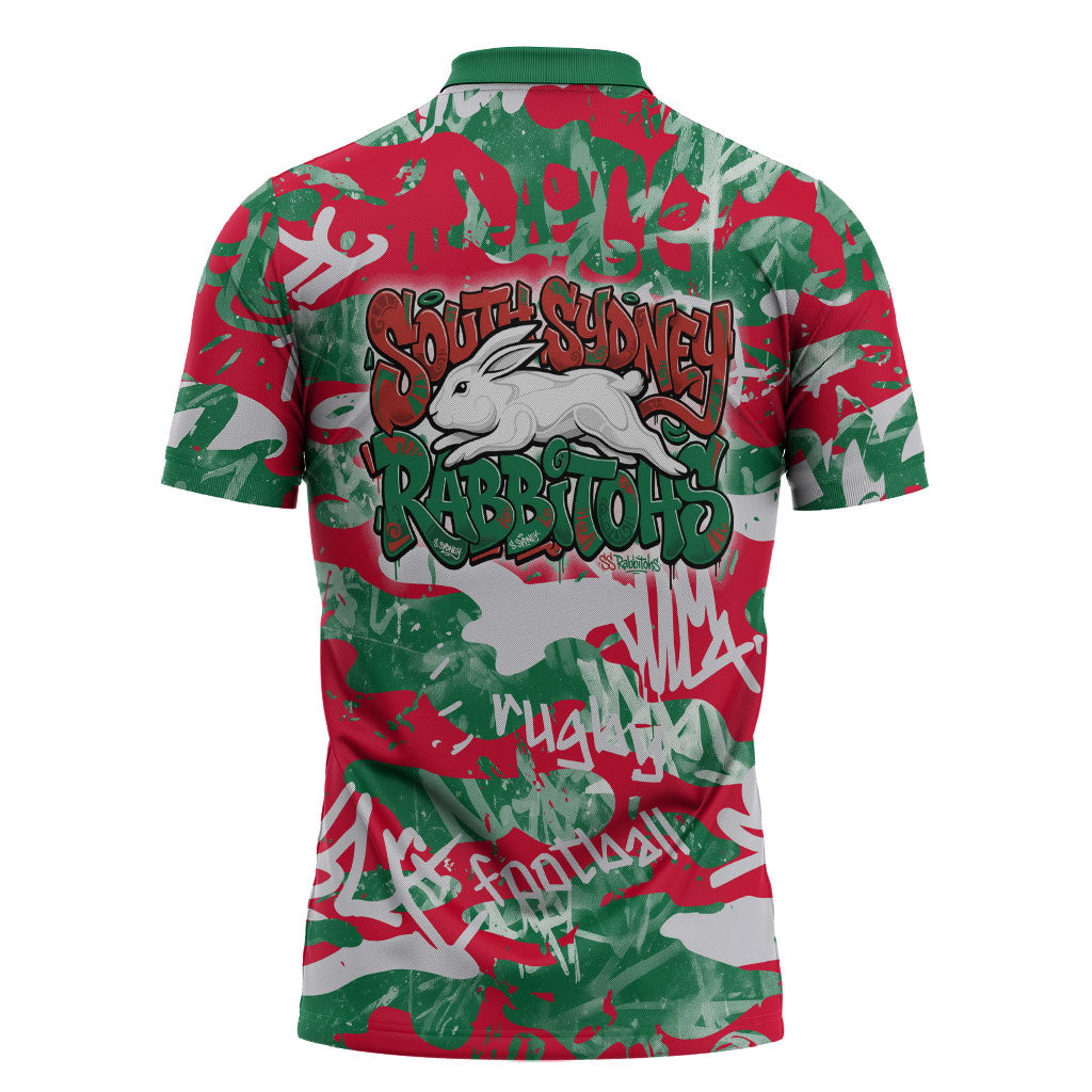 South Sydney Rabbitohs Rugby Zipper Polo Shirt Graffiti Typography Urban Camo Abstract Street Style