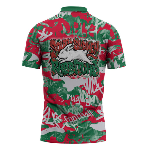 South Sydney Rabbitohs Rugby Zipper Polo Shirt Graffiti Typography Urban Camo Abstract Street Style