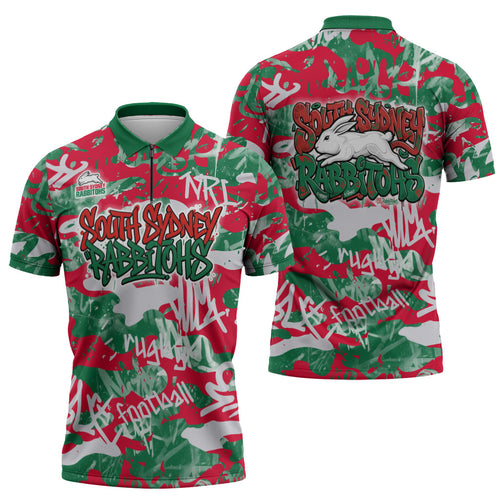 South Sydney Rabbitohs Rugby Zipper Polo Shirt Graffiti Typography Urban Camo Abstract Street Style
