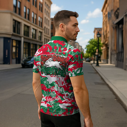 South Sydney Rabbitohs Rugby Zipper Polo Shirt Graffiti Typography Urban Camo Abstract Street Style