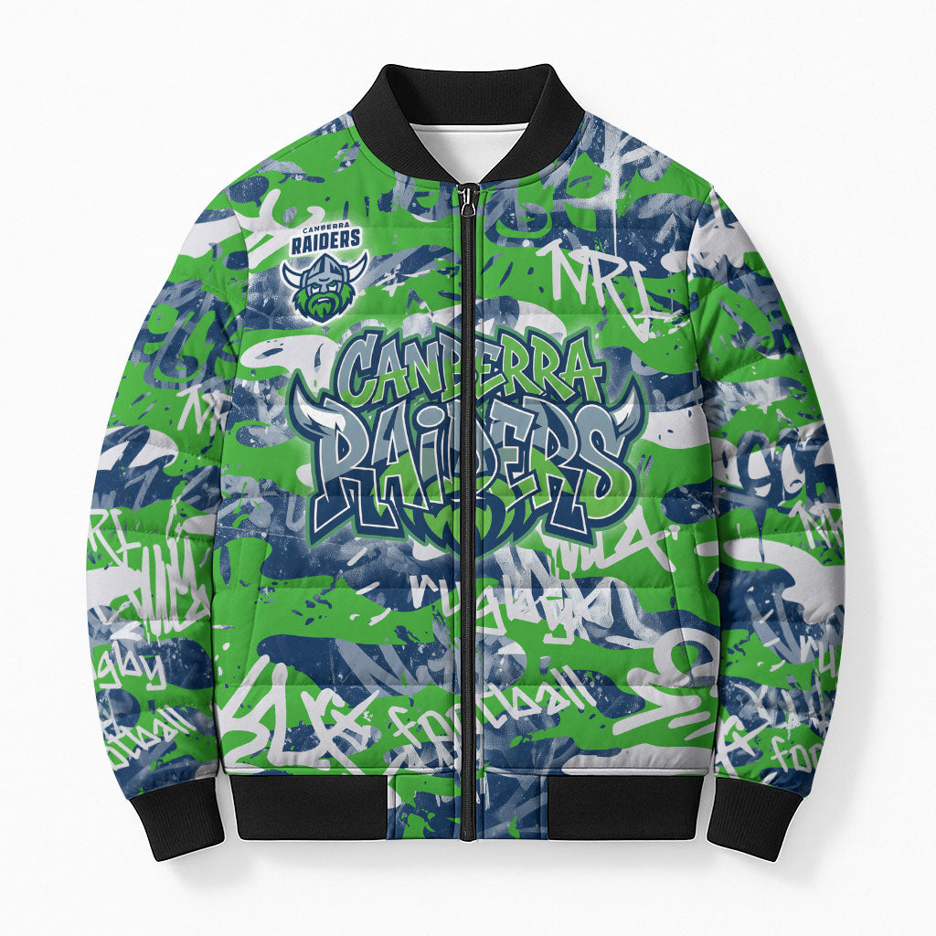 Canberra Raiders Rugby Bomber Puffer Jacket Graffiti Typography Urban Camo Abstract Street Style