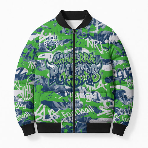 Canberra Raiders Rugby Bomber Puffer Jacket Graffiti Typography Urban Camo Abstract Street Style