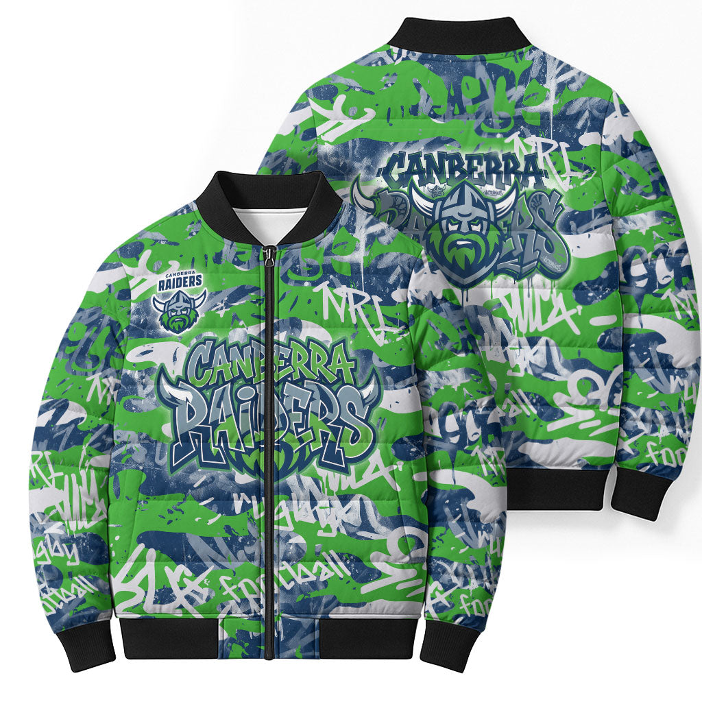 Canberra Raiders Rugby Bomber Puffer Jacket Graffiti Typography Urban Camo Abstract Street Style