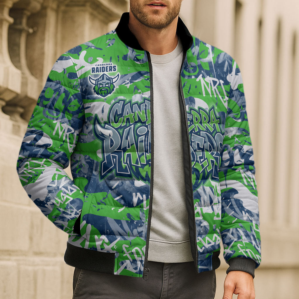 Canberra Raiders Rugby Bomber Puffer Jacket Graffiti Typography Urban Camo Abstract Street Style