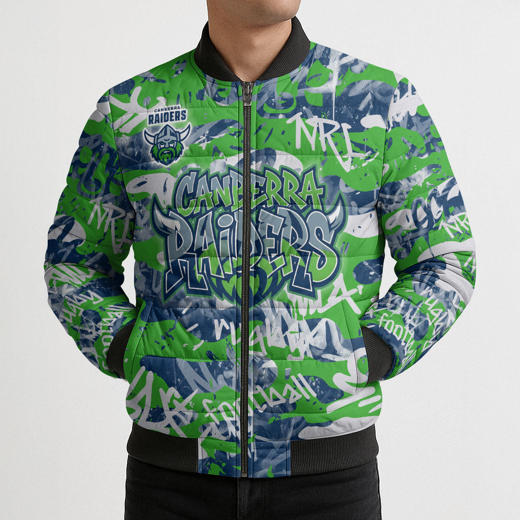 Canberra Raiders Rugby Bomber Puffer Jacket Graffiti Typography Urban Camo Abstract Street Style