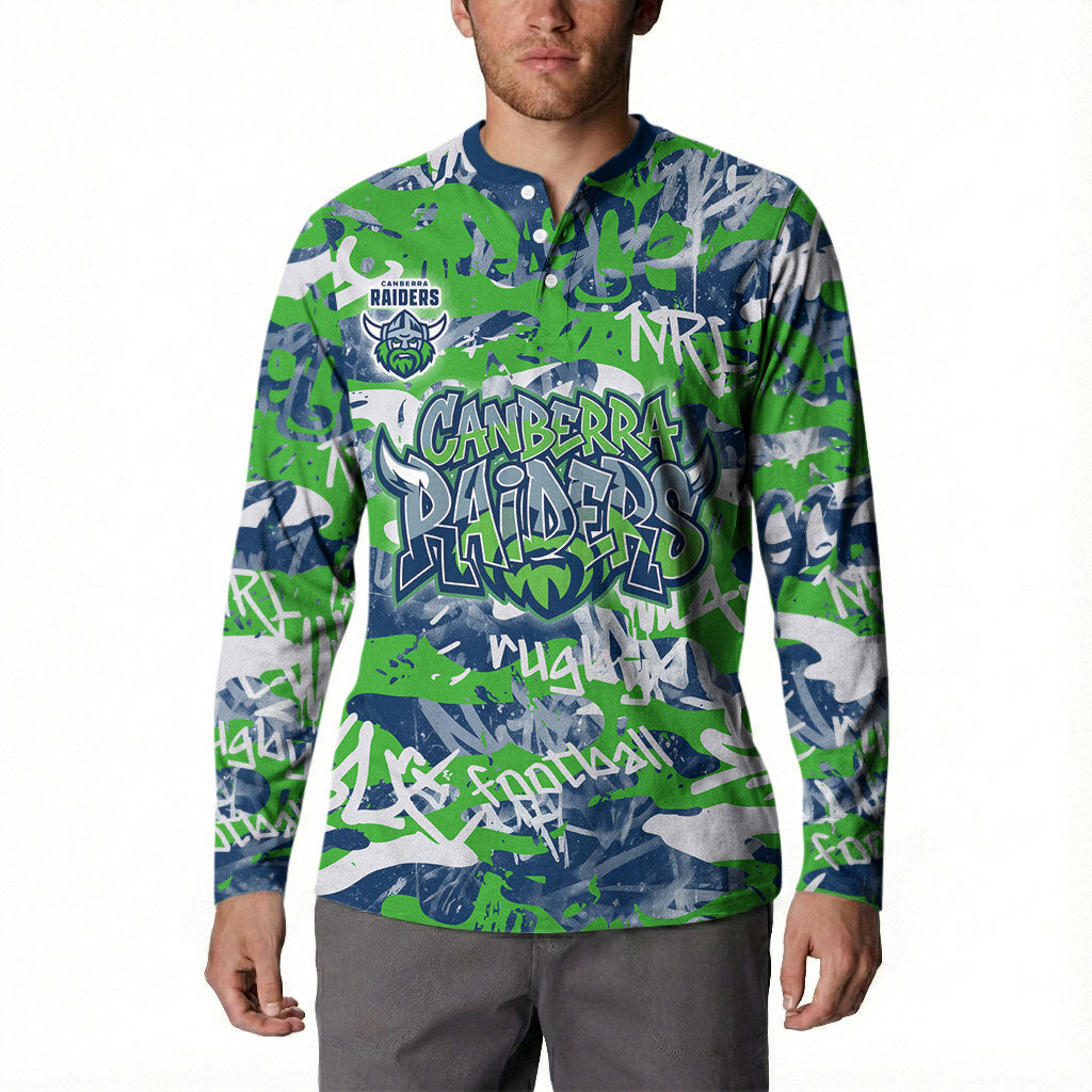 Canberra Raiders Rugby Button Sweatshirt Graffiti Typography Urban Camo Abstract Street Style