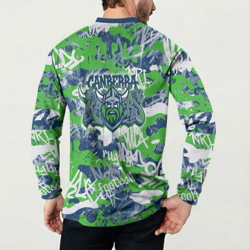 Canberra Raiders Rugby Button Sweatshirt Graffiti Typography Urban Camo Abstract Street Style