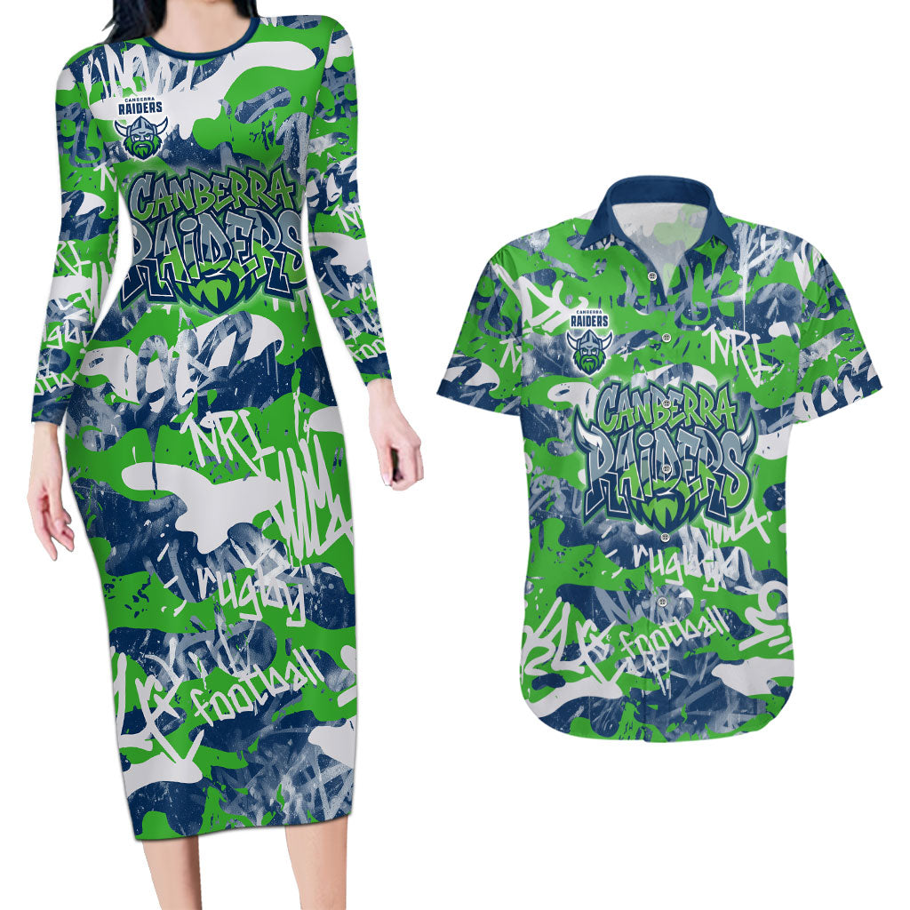 Canberra Raiders Rugby Couples Matching Long Sleeve Bodycon Dress and Hawaiian Shirt Graffiti Typography Urban Camo Abstract Street Style