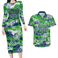 Canberra Raiders Rugby Couples Matching Long Sleeve Bodycon Dress and Hawaiian Shirt Graffiti Typography Urban Camo Abstract Street Style