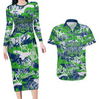 Canberra Raiders Rugby Couples Matching Long Sleeve Bodycon Dress and Hawaiian Shirt Graffiti Typography Urban Camo Abstract Street Style
