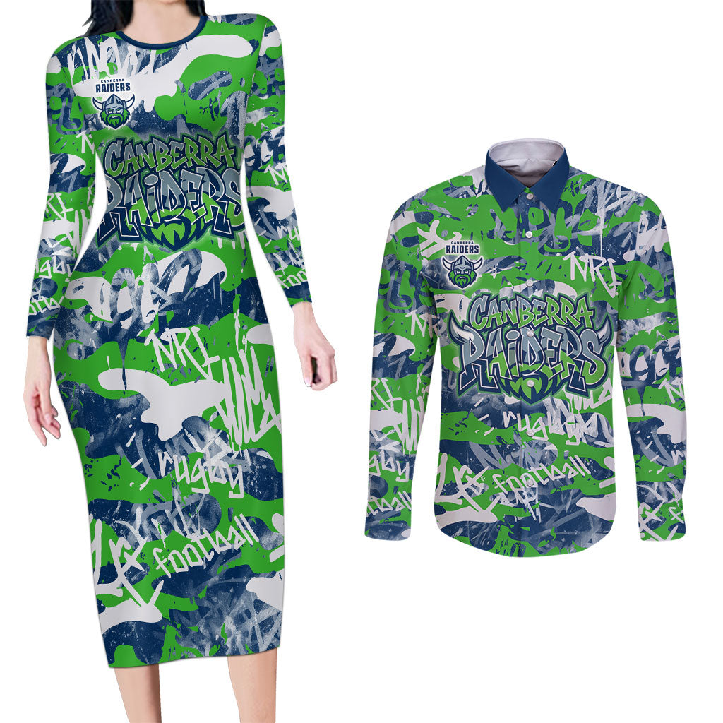 Canberra Raiders Rugby Couples Matching Long Sleeve Bodycon Dress and Long Sleeve Button Shirt Graffiti Typography Urban Camo Abstract Street Style