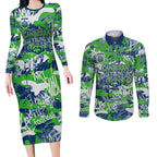 Canberra Raiders Rugby Couples Matching Long Sleeve Bodycon Dress and Long Sleeve Button Shirt Graffiti Typography Urban Camo Abstract Street Style