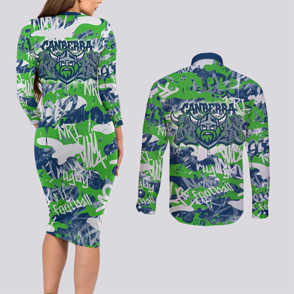 Canberra Raiders Rugby Couples Matching Long Sleeve Bodycon Dress and Long Sleeve Button Shirt Graffiti Typography Urban Camo Abstract Street Style