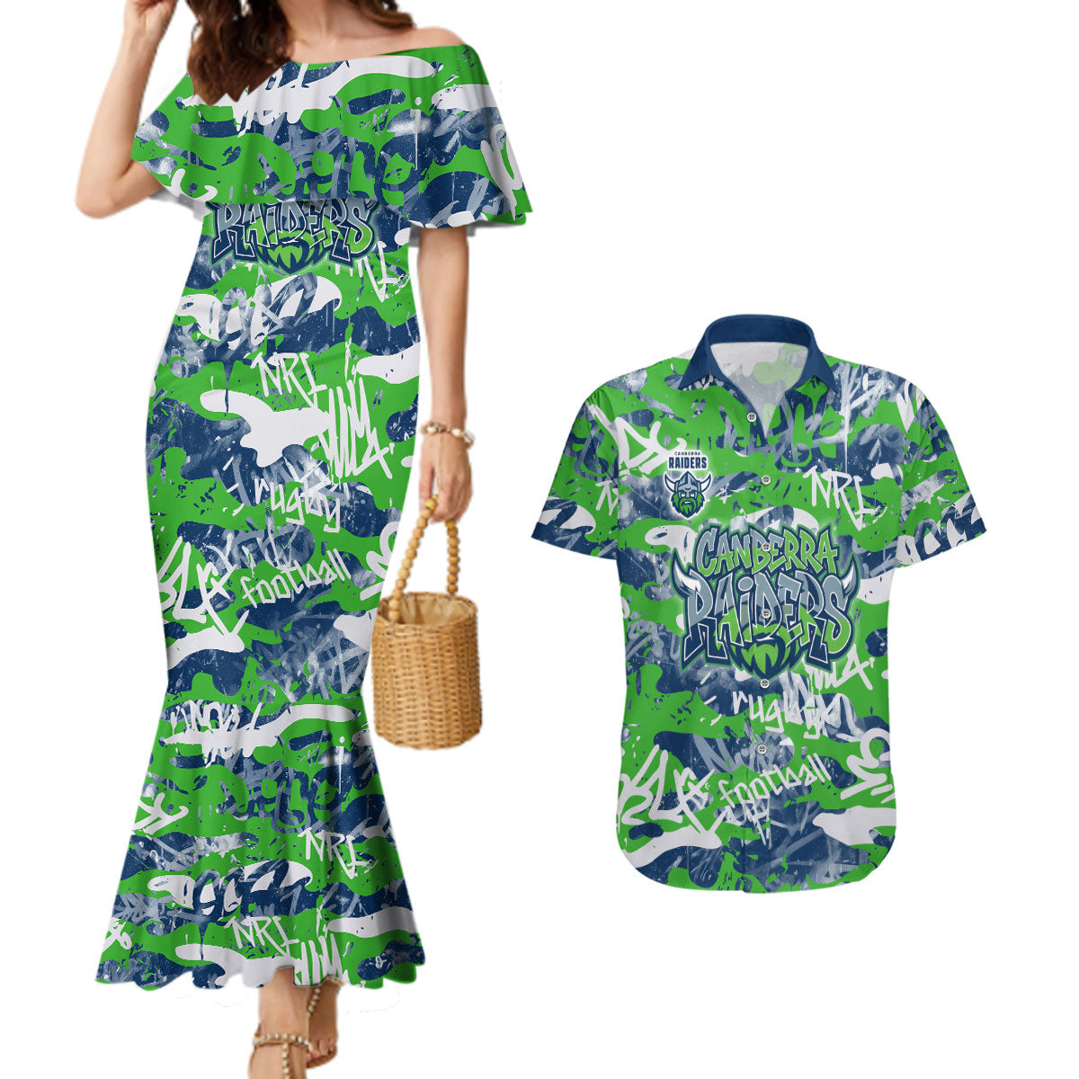 Canberra Raiders Rugby Couples Matching Mermaid Dress and Hawaiian Shirt Graffiti Typography Urban Camo Abstract Street Style