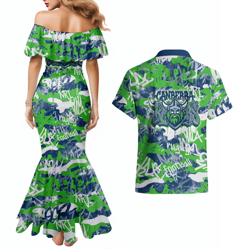 Canberra Raiders Rugby Couples Matching Mermaid Dress and Hawaiian Shirt Graffiti Typography Urban Camo Abstract Street Style