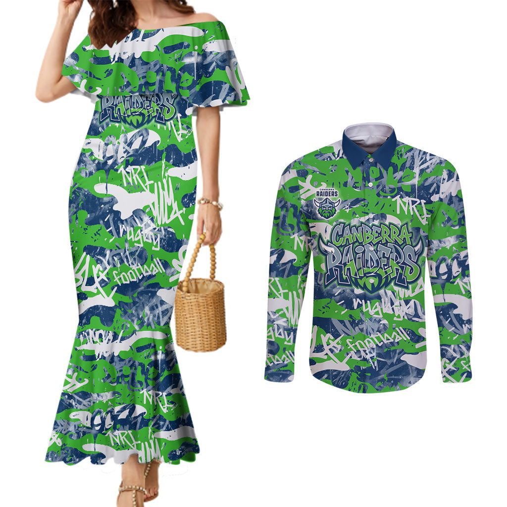 Canberra Raiders Rugby Couples Matching Mermaid Dress and Long Sleeve Button Shirt Graffiti Typography Urban Camo Abstract Street Style