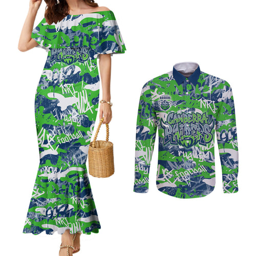 Canberra Raiders Rugby Couples Matching Mermaid Dress and Long Sleeve Button Shirt Graffiti Typography Urban Camo Abstract Street Style