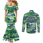 Canberra Raiders Rugby Couples Matching Mermaid Dress and Long Sleeve Button Shirt Graffiti Typography Urban Camo Abstract Street Style