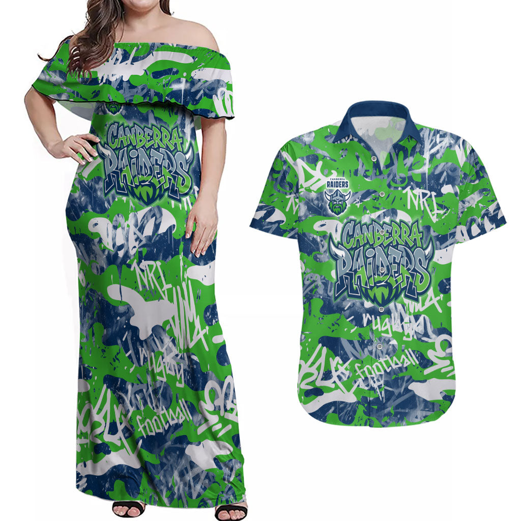 Canberra Raiders Rugby Couples Matching Off Shoulder Maxi Dress and Hawaiian Shirt Graffiti Typography Urban Camo Abstract Street Style