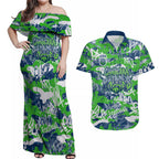 Canberra Raiders Rugby Couples Matching Off Shoulder Maxi Dress and Hawaiian Shirt Graffiti Typography Urban Camo Abstract Street Style