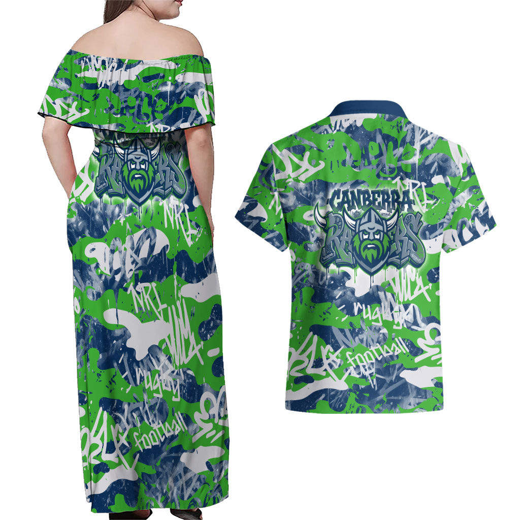 Canberra Raiders Rugby Couples Matching Off Shoulder Maxi Dress and Hawaiian Shirt Graffiti Typography Urban Camo Abstract Street Style