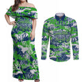 Canberra Raiders Rugby Couples Matching Off Shoulder Maxi Dress and Long Sleeve Button Shirt Graffiti Typography Urban Camo Abstract Street Style