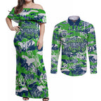Canberra Raiders Rugby Couples Matching Off Shoulder Maxi Dress and Long Sleeve Button Shirt Graffiti Typography Urban Camo Abstract Street Style