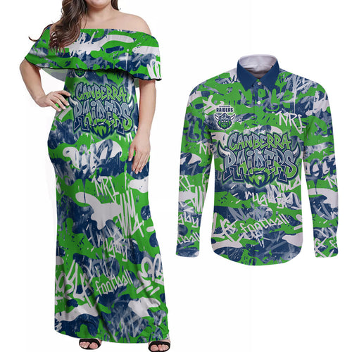 Canberra Raiders Rugby Couples Matching Off Shoulder Maxi Dress and Long Sleeve Button Shirt Graffiti Typography Urban Camo Abstract Street Style