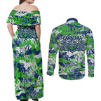 Canberra Raiders Rugby Couples Matching Off Shoulder Maxi Dress and Long Sleeve Button Shirt Graffiti Typography Urban Camo Abstract Street Style