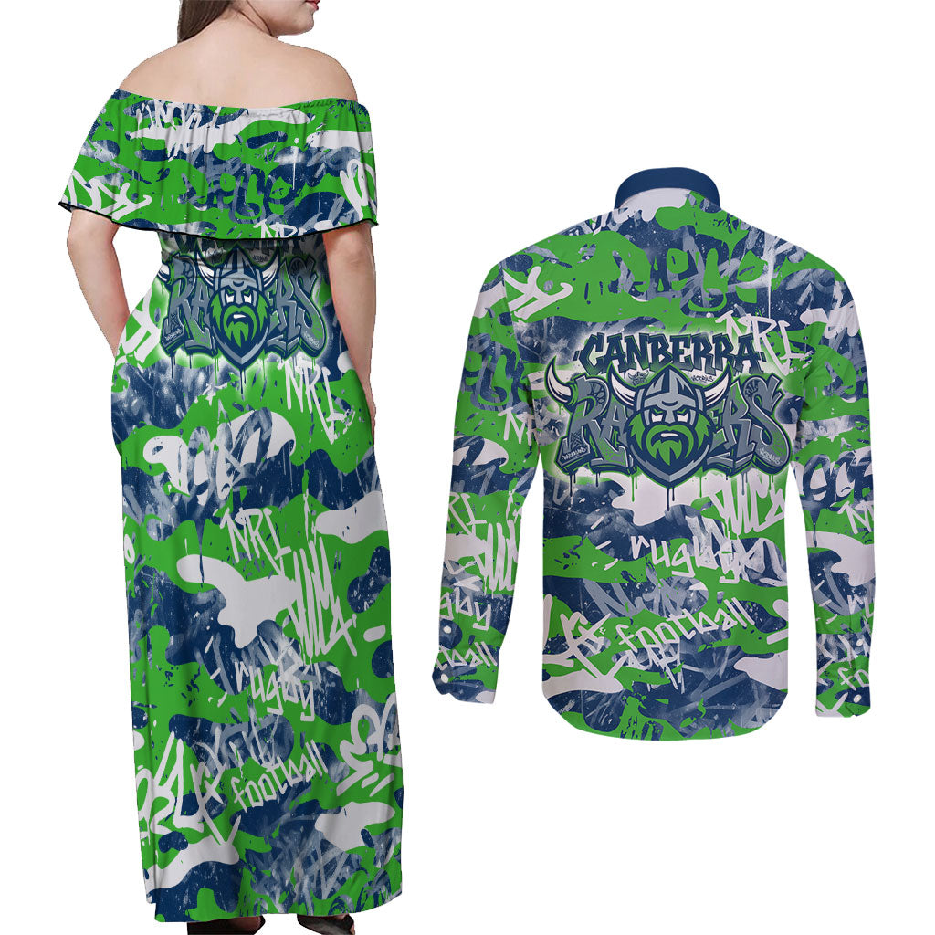 Canberra Raiders Rugby Couples Matching Off Shoulder Maxi Dress and Long Sleeve Button Shirt Graffiti Typography Urban Camo Abstract Street Style