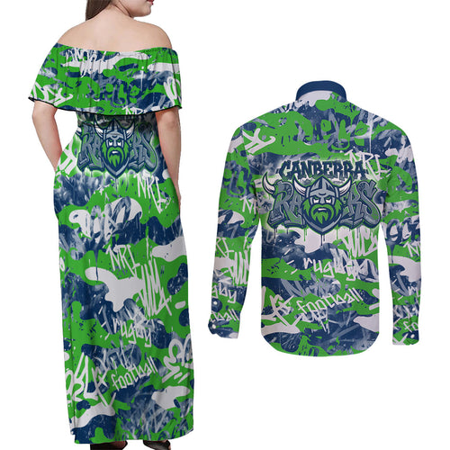 Canberra Raiders Rugby Couples Matching Off Shoulder Maxi Dress and Long Sleeve Button Shirt Graffiti Typography Urban Camo Abstract Street Style