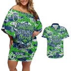 Canberra Raiders Rugby Couples Matching Off Shoulder Short Dress and Hawaiian Shirt Graffiti Typography Urban Camo Abstract Street Style