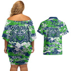 Canberra Raiders Rugby Couples Matching Off Shoulder Short Dress and Hawaiian Shirt Graffiti Typography Urban Camo Abstract Street Style