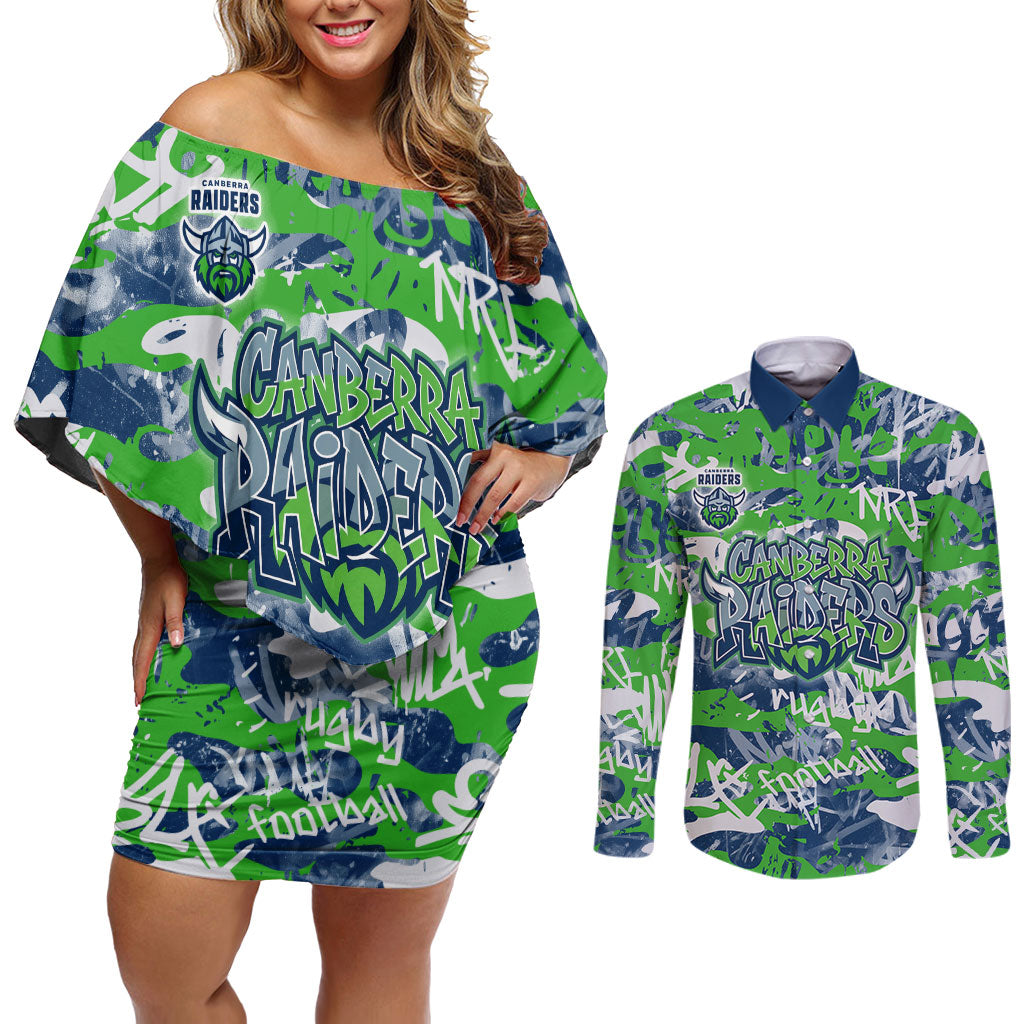 Canberra Raiders Rugby Couples Matching Off Shoulder Short Dress and Long Sleeve Button Shirt Graffiti Typography Urban Camo Abstract Street Style