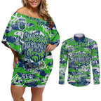 Canberra Raiders Rugby Couples Matching Off Shoulder Short Dress and Long Sleeve Button Shirt Graffiti Typography Urban Camo Abstract Street Style